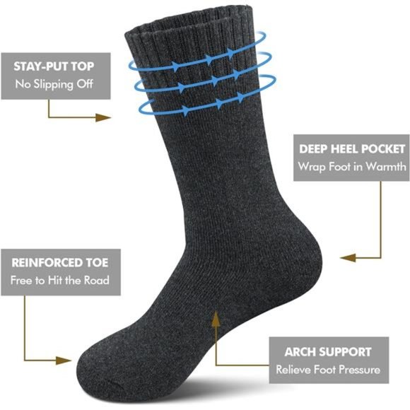 6 Pairs, Men's Merino Wool Socks Ultra Thick Winter Wool Hiking Socks - Picture 4 of 5